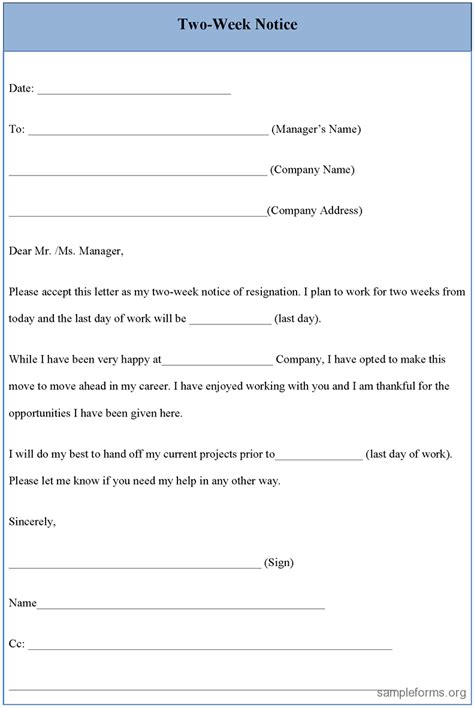Use this sample two weeks notice resignation letter to keep from burning bridges. Resignation Letter Sample 2 Weeks Notice | Two-week Notice ...