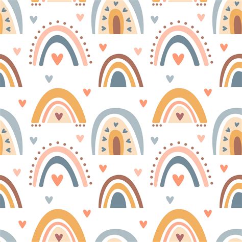 Hand Drawn Seamless Pattern Of Cute Boho Rainbows Pastel Color Isolated