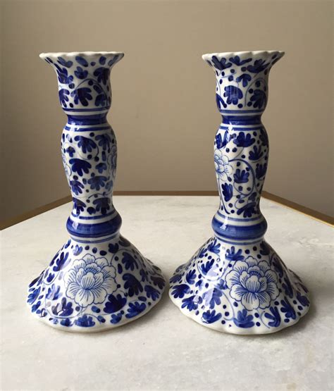 Beautiful Pair Of Porcelain Blue And White Candlestick Holders Etsy