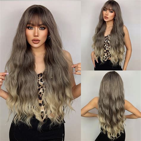 easihair brown to blonde ombre synthetic wigs long wavy wig for women with bangs daily cosplay