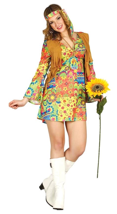 Womans Flower Power Hippie Retro Costume Dress Papootz Halloween Fancy Dress Costumes