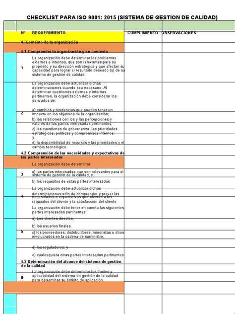 Checklist Para Iso 9001docx Gestión De La Calidad Calidad Comercial