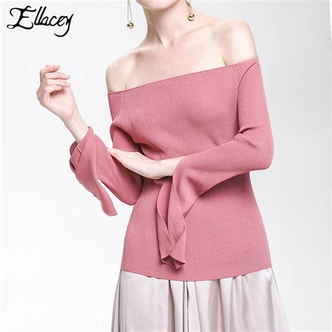 ellacey new 2018 autumn slipt flared sleeve sweater sexy slash neck women sweaters and pullovers