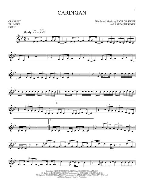 Cardigan Sheet Music Taylor Swift Instrumental Solo Treble Clef