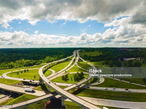 Aerial Flyover Overpass Traffic View In Midwest Usa Highway Transportation Photo Series Stock