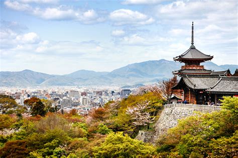Kiyomizudera Temple Buildings With Kyoto Japan City Skyline And