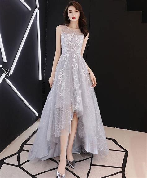 Gray Tulle Lace High Low Prom Dress Gray Tulle Evening Dress High