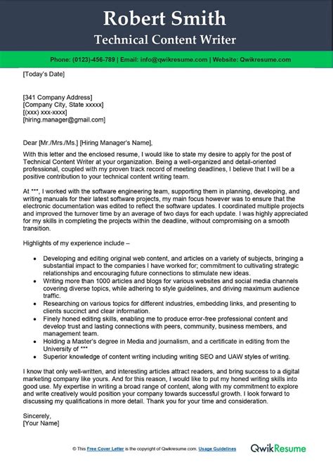 Technical Content Writer Cover Letter Examples Qwikresume