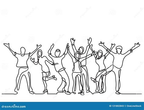 Continuous Line Drawing Of Happy Cheerful Crowd Of People Stock Vector