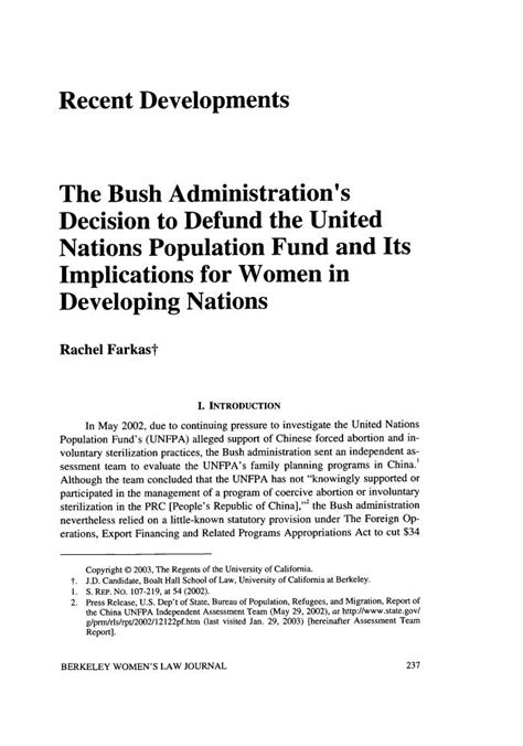 Bush Administrations Decision To Defund The United Nations Population Fund And Its Implications