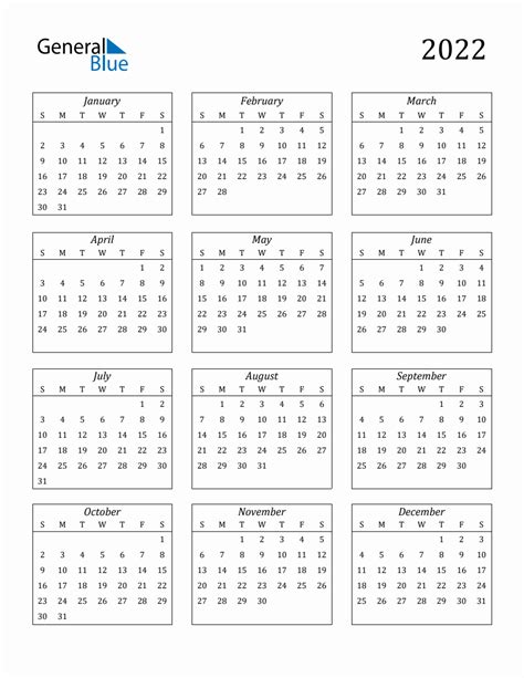 2022 Blank Yearly Calendar Printable