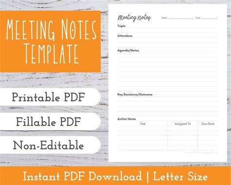 Meeting Notes Template Meeting Minutes Printable Fillable Etsy In