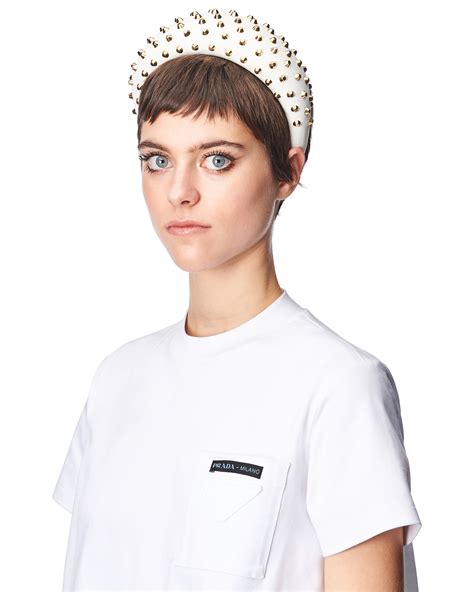 White Studded Nappa Leather Headband Prada