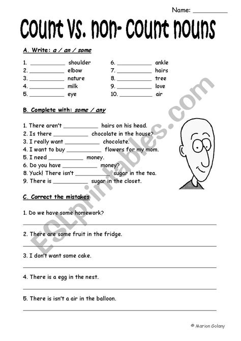 Count And Non Count Nouns A An Some Any Esl Worksheet By Mariong
