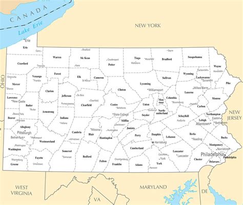 Map Of Pennsylvania Pa County Map With Selected Cities And Towns