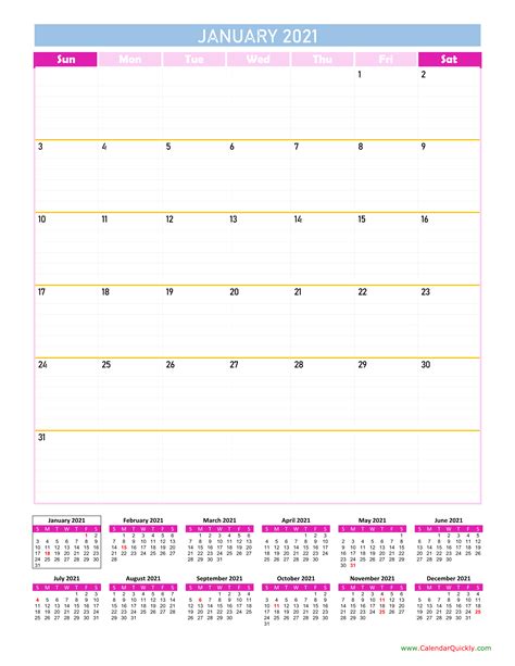 January Calendar 2021 Vertical Calendar Quickly