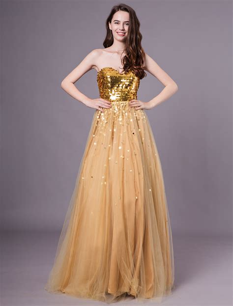 Golden Sweetheart Floor Length Prom Dress With Sequined Bodice