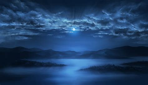 Download 1920x1108 Anime Landscape Night Moon Clouds Sky Lake