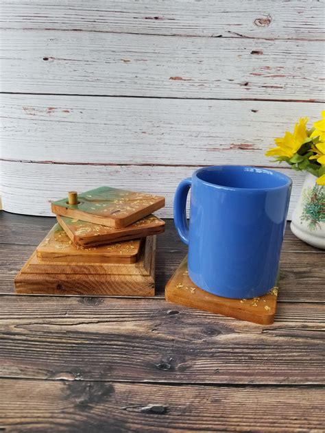 Wood Coasters With Holder Green Coasters Coasters With Etsy