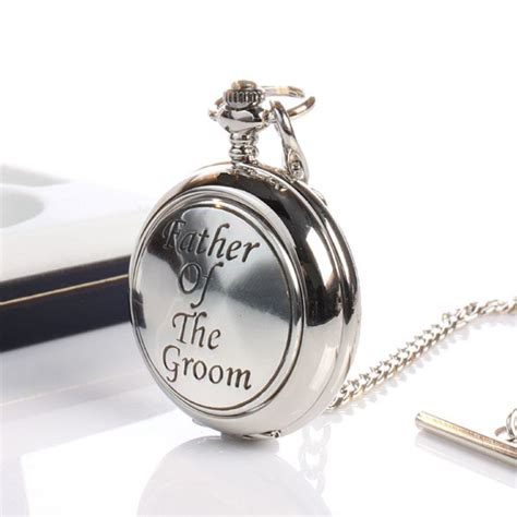 A white circle with a black border surrounding a chevron pointing up. Father Of The Groom Pocket Watch With Personalised Gift ...