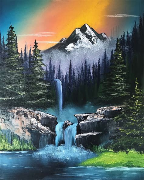 Bob Ross Inspired Mountain Waterfall Etsy