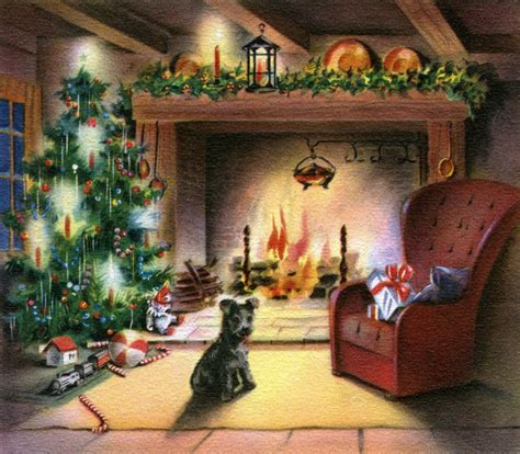 Vintage Illustration Of Christmas Tree By Fireplace Posters And Prints By