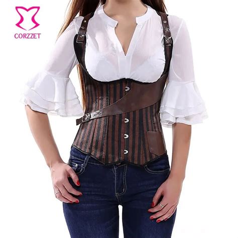 Brown Striped Satin Gothic Sexy Underbust Corsets And Bustiers Steel Bone Steampunk Corset Vest