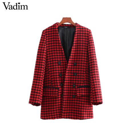 Vadim Women Stylish V Neck Plaid Blazer Double Breasted Long Sleeve