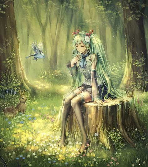 Hd Wallpaper Forest Hatsune Miku Birds Trees Vocaloid Twintails