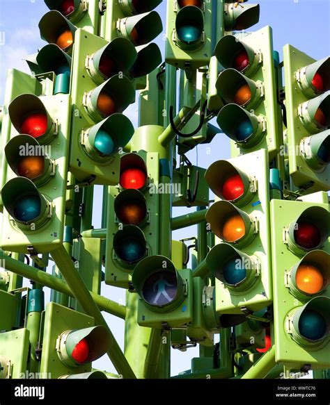 Confused Traffic Signals At A Busy Intersection Stock Photo Alamy