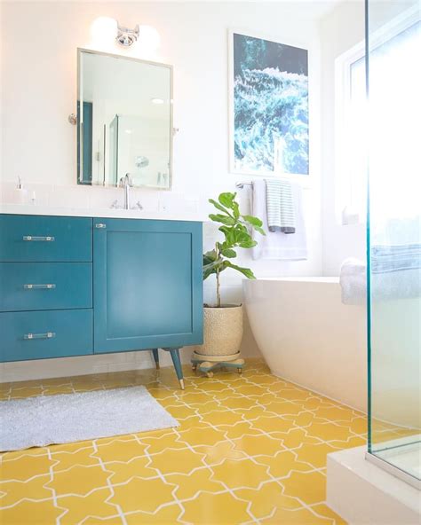 The double bathroom vanity is the latest in the. Teal bathroom vanity and yellow tile floor | Yellow ...