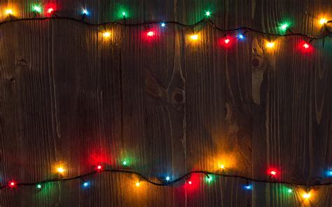 Christmas Garlands Bright Lights New Year Wooden Background Hd