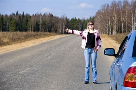 Woman Stopping Car Girl Hitchhiking Stock Photo Image Of Hair Girl
