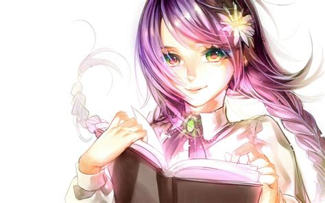 Let's name them one by one together. Anime girl purple hair green eyes with flower and book ...