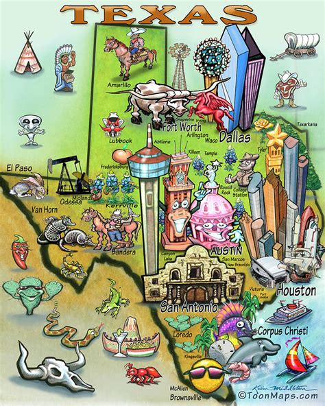 Texas Fun Map Digital Art By Kevin Middleton Pixels