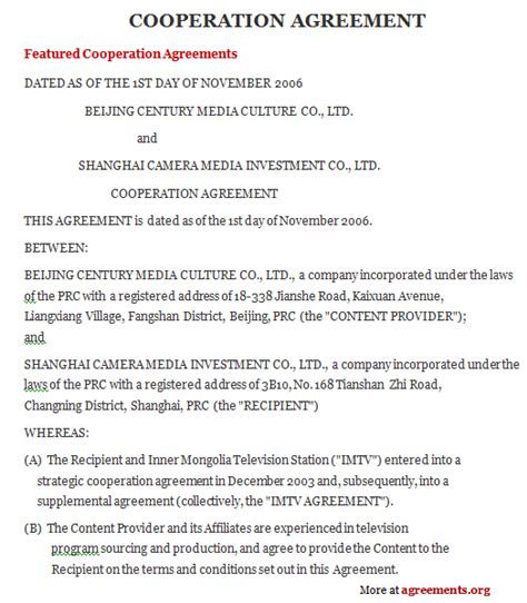 Cooperation Agreement Agreements Business And Legal Agreements