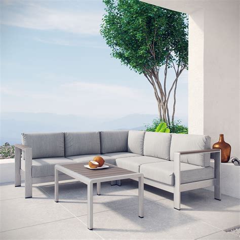 Shore 4 Piece Outdoor Patio Aluminum Sectional Sofa Set In Silver Gray