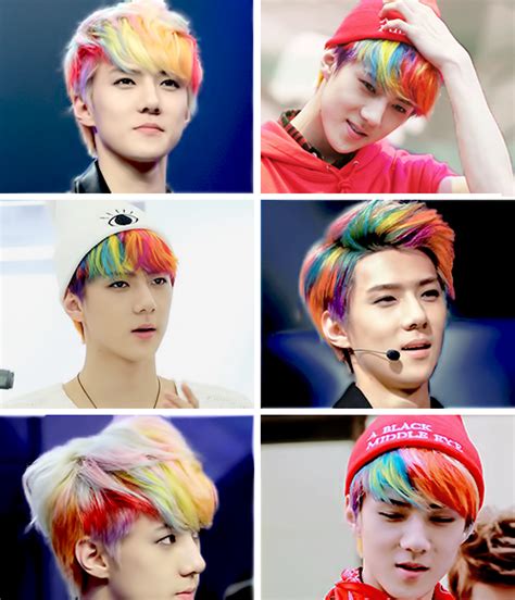 Sehun Exo Rainbow Hair Dye Red Blue Pastel Pink Short Style Sehun Short Rainbow Hair Dyed Red