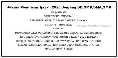 Juknis Penulisan Ijazah 2020 Jenjang Sdsmpsmasmk Dan Contoh Blangko