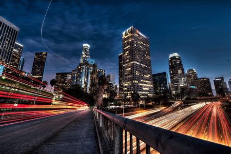 Los Angeles Street Metropolis Skyscraper Far View Night Long Exposure