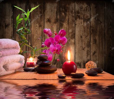 Massage Bamboo Orchid Towels Candles Stones — Stock Photo