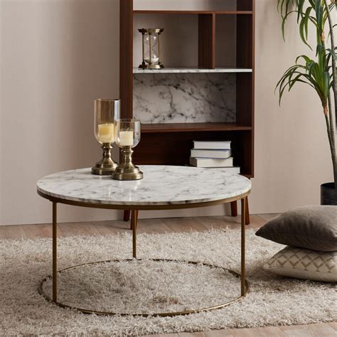 It will make your living room be a shining. Round Coffee Table Modern Design Faux Marble Brass Marmo ...