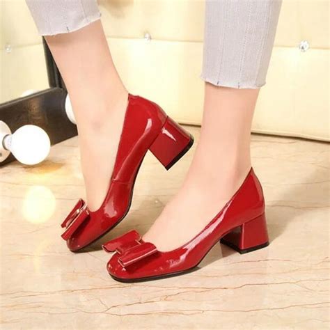2016 High Quality New Sexy Red Black Women Thick Low Heels Pumps Patent