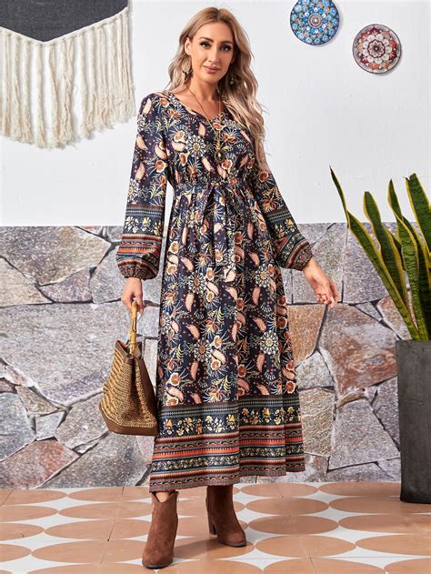 Emery Rose Paisley And Floral Print Lantern Sleeve Belted Dress In 2022
