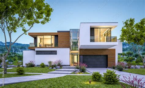 3d Rendering Of Modern House By The River At Evening Ilustración De
