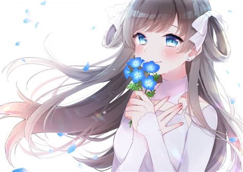 Wallpaper Crying Blue Eyes Anime Girl Tears Brown Hair Blue Flowers