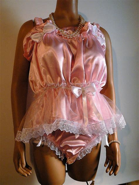 Sissy XL PC Pink Satin Baby Doll Shorty Nighty Pantie Play Set Sheer Lace