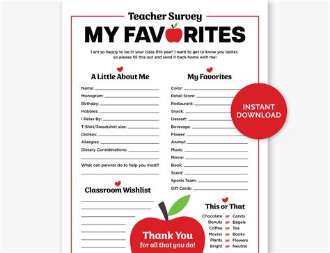Teacher Favorites Survey Printable Teachers Favorite Etsy