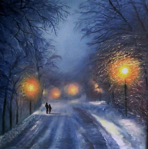 Winter Night Walk Oil Painting Painting By Natalja Picugina Artmajeur
