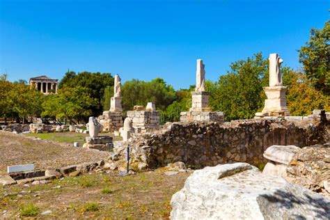 Odeon Of Agrippa Statues In Ancient Agora Of Athens Greece Stock Photo